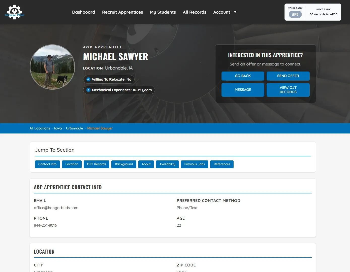 Example A&P apprentice profile listing on Grease Pilot showing military service, tools owned, and experience