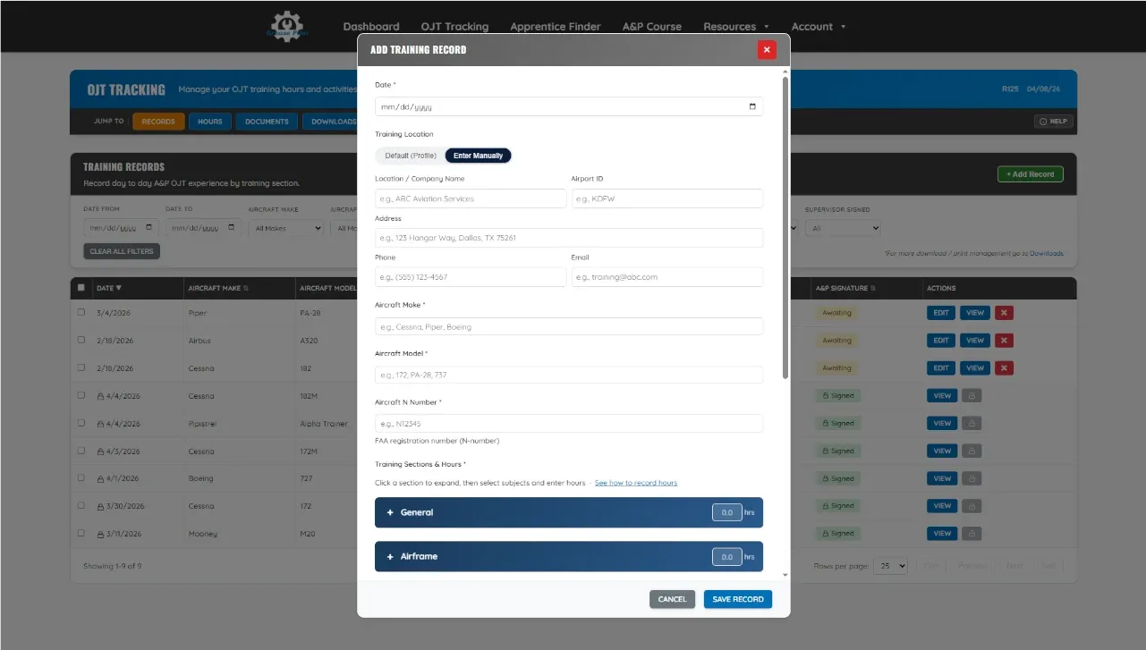 Add A&P OJT training record form with location, aircraft details, work performed, photos, and ACS hours