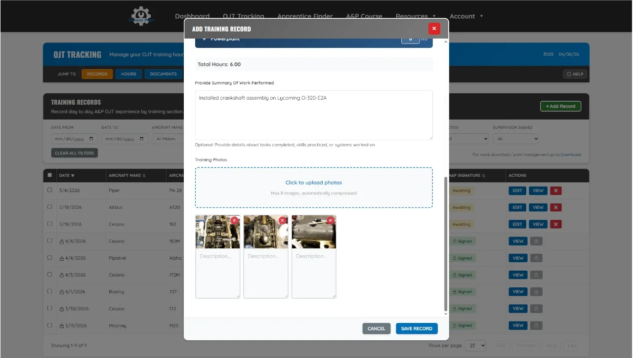Add photos and details to an A&P OJT training record