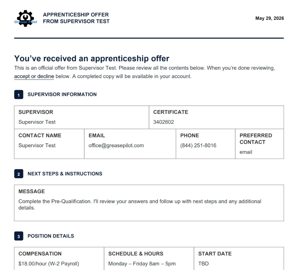 Create and send job offers to A&P apprentices on Grease Pilot