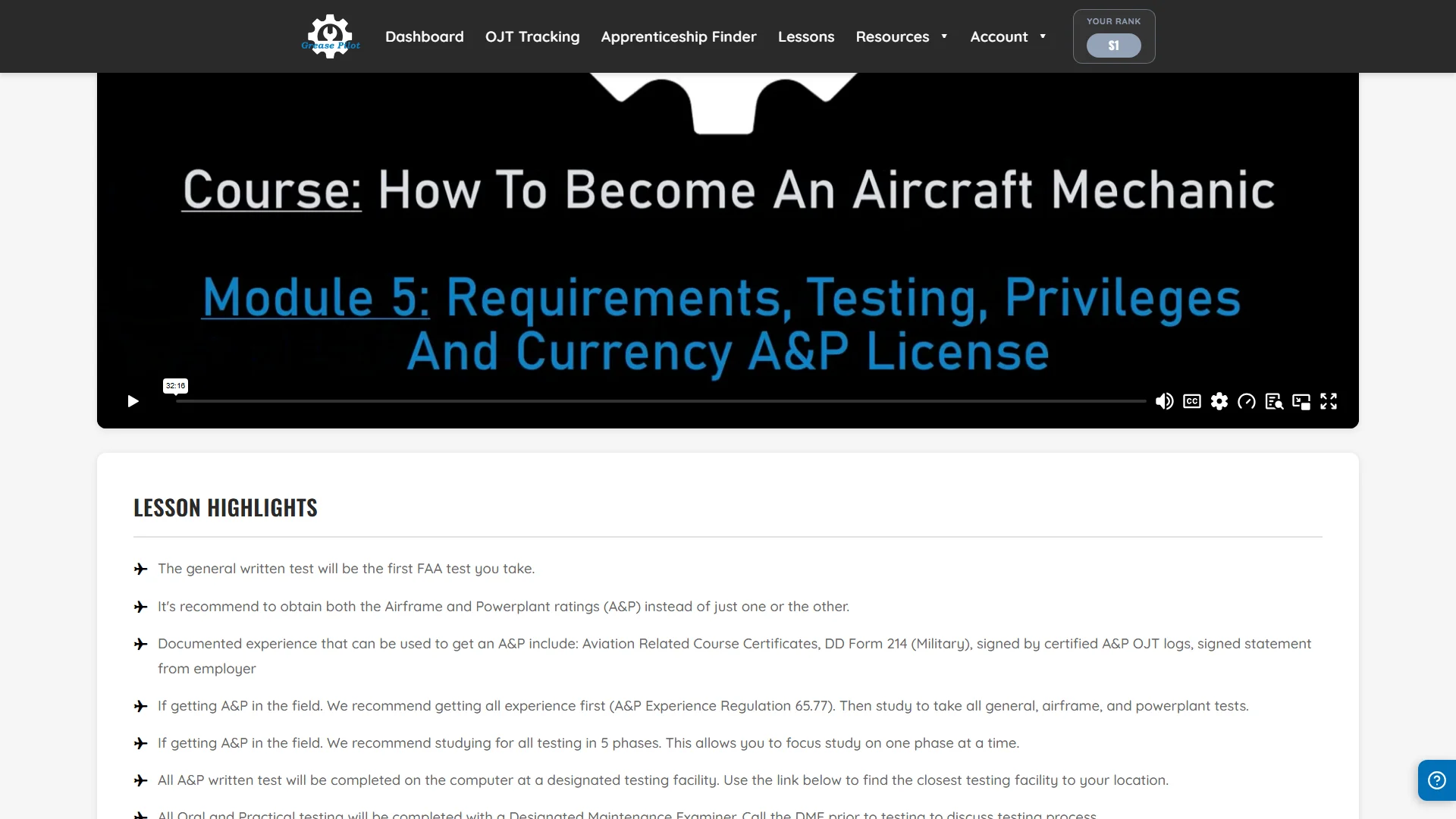 Lesson highlights, action items and FAA reference links inside a module