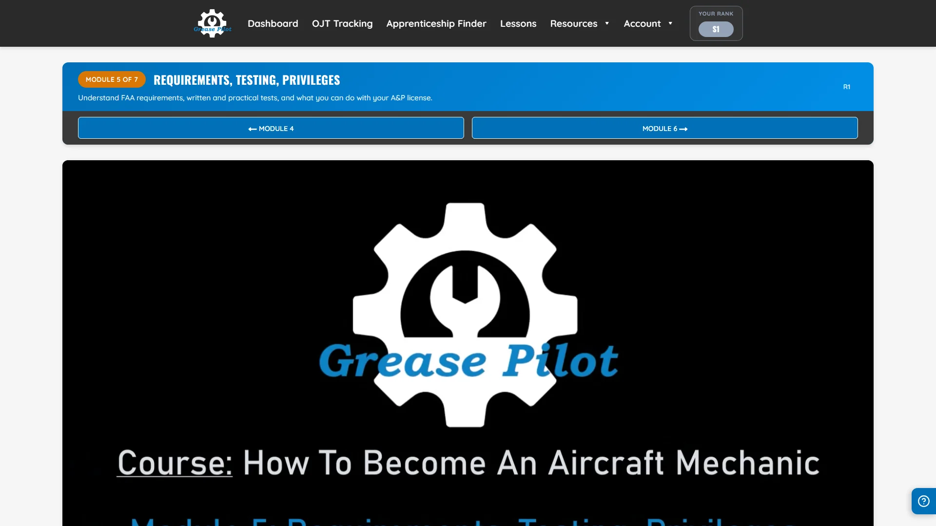 Course module page with video lesson — Requirements, Testing, Privileges