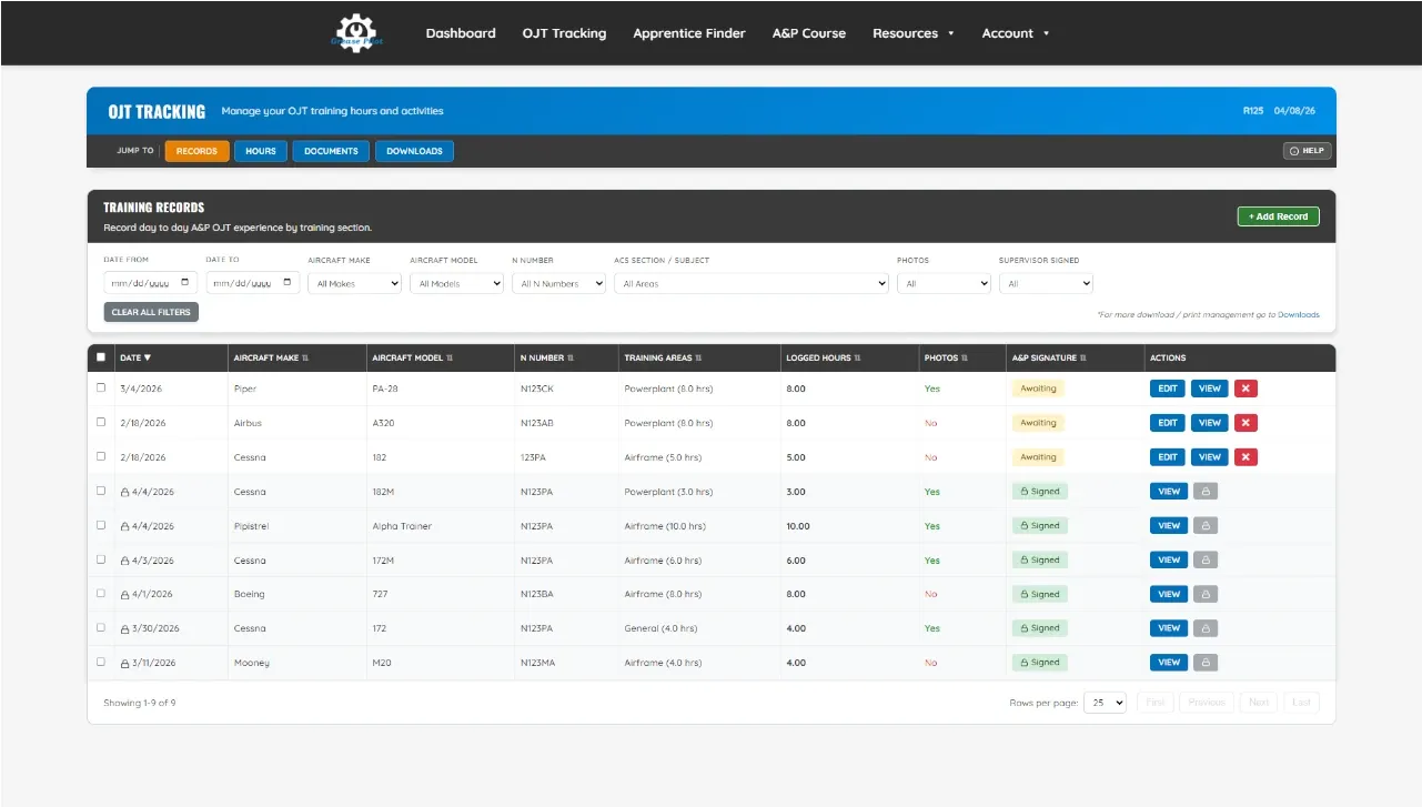 Grease Pilot OJT Tracking dashboard showing the Add New Record button