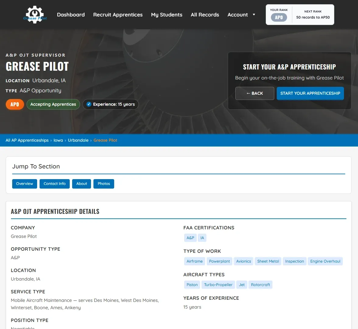An A&P shop's public profile on Grease Pilot as apprentices see it when searching their area