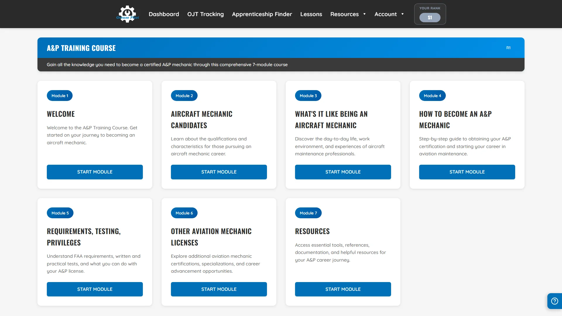 A&P training course — 7 guided modules from Welcome to Resources