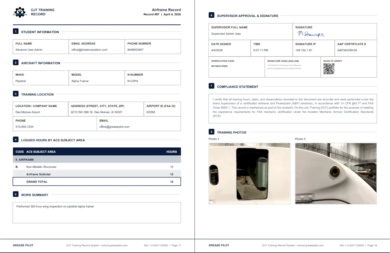 FAA ready PDF package for A&P OJT training records