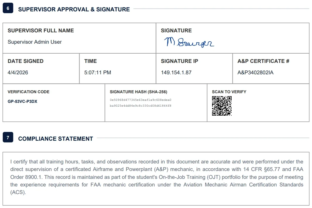 Hashed digital signature on A&P OJT training record