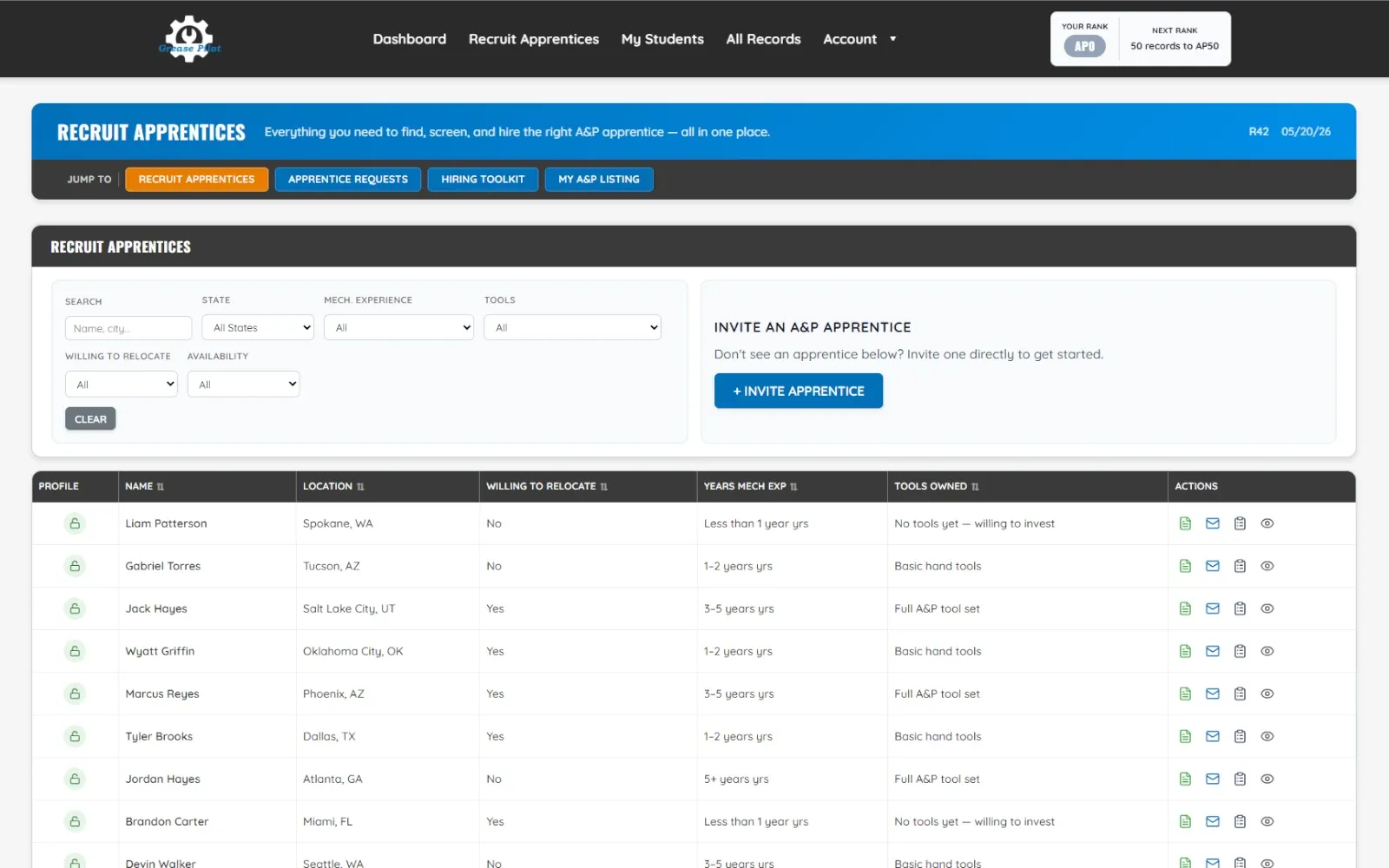 Search and browse the A&P apprentice marketplace on Grease Pilot